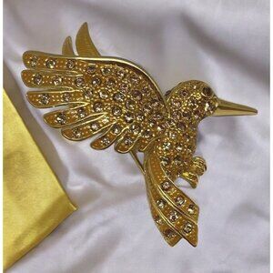 Vintage Hummingbird in Flight Brooch Pin Gold Tone Rhinestone Flying Bird